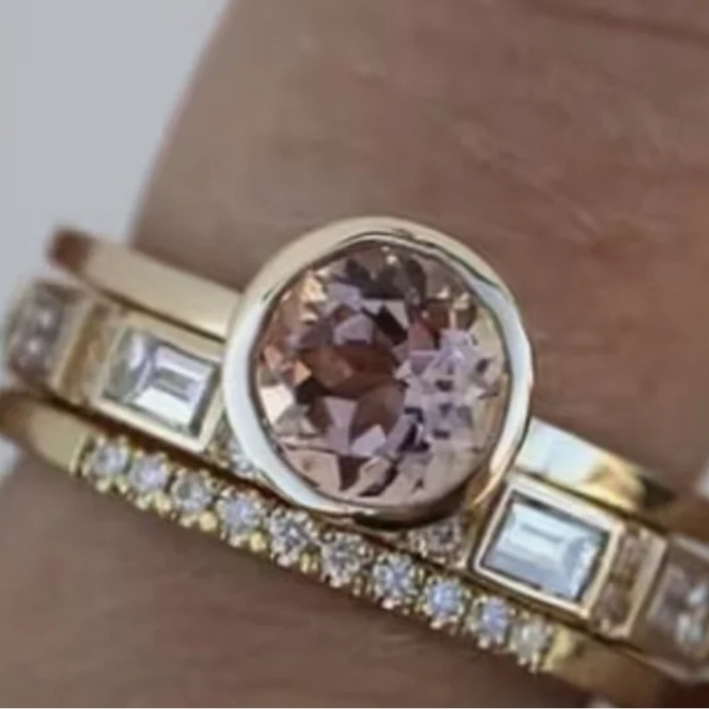 Gold Ring Set with Blush Pink Center Stone and Pavé Band